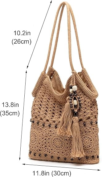 Crochet Hobo Bag for Women Boho Woven Tote Bag Summer Vacation Beach Handbags Bohemian Shoulder Purse with Tassels