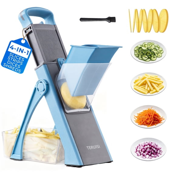 TERUISI Safe Mandoline Slicer Multi Vegetable Chopper, Foldable 4 in1 Fruit Slicer Dice Strip Shred Veggie Cutter with 0-8mm Thickness Adjustable Built in Blades, Detachable Salad Chopper for kitchen