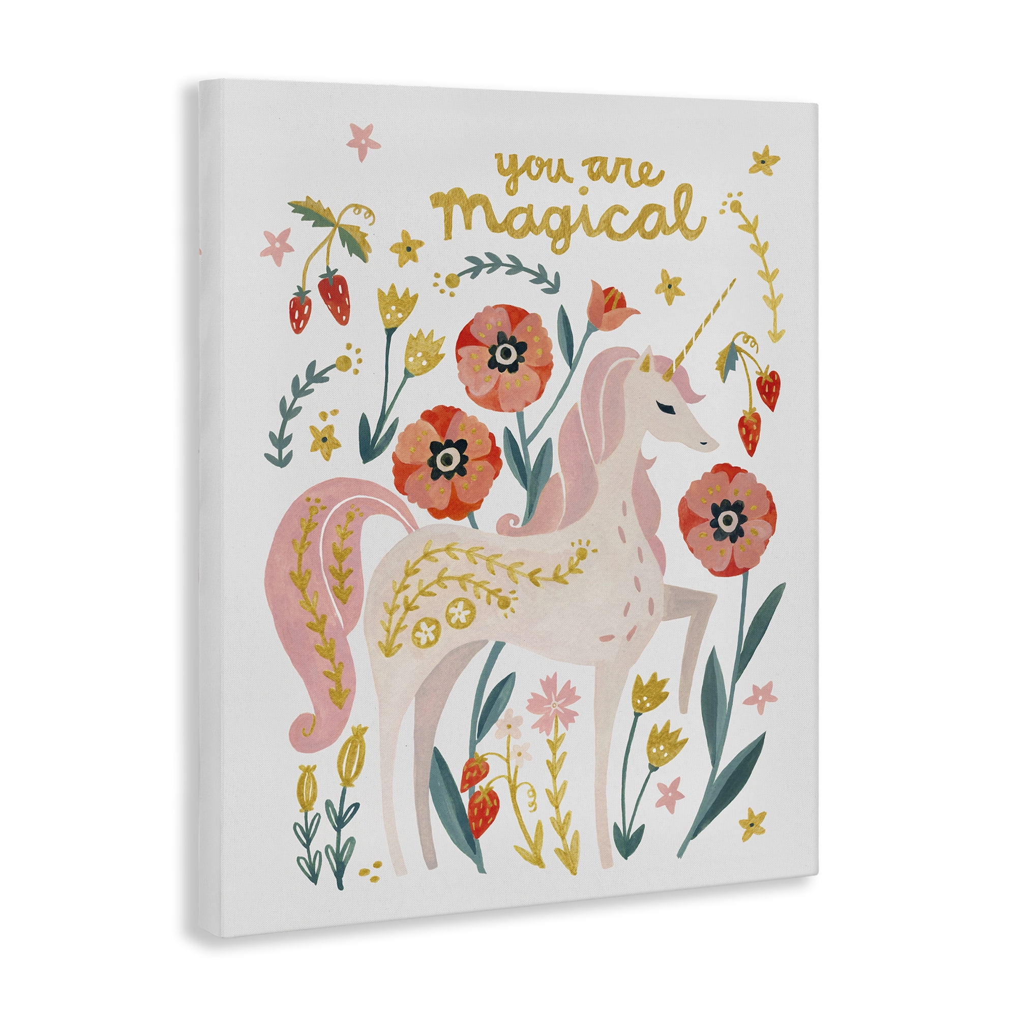 Stupell Industries Magical Pink Unicorn & Florals Fantasy & Sci-Fi Painting Wrapped Canvas Art Print Wall Art, 24 x 30