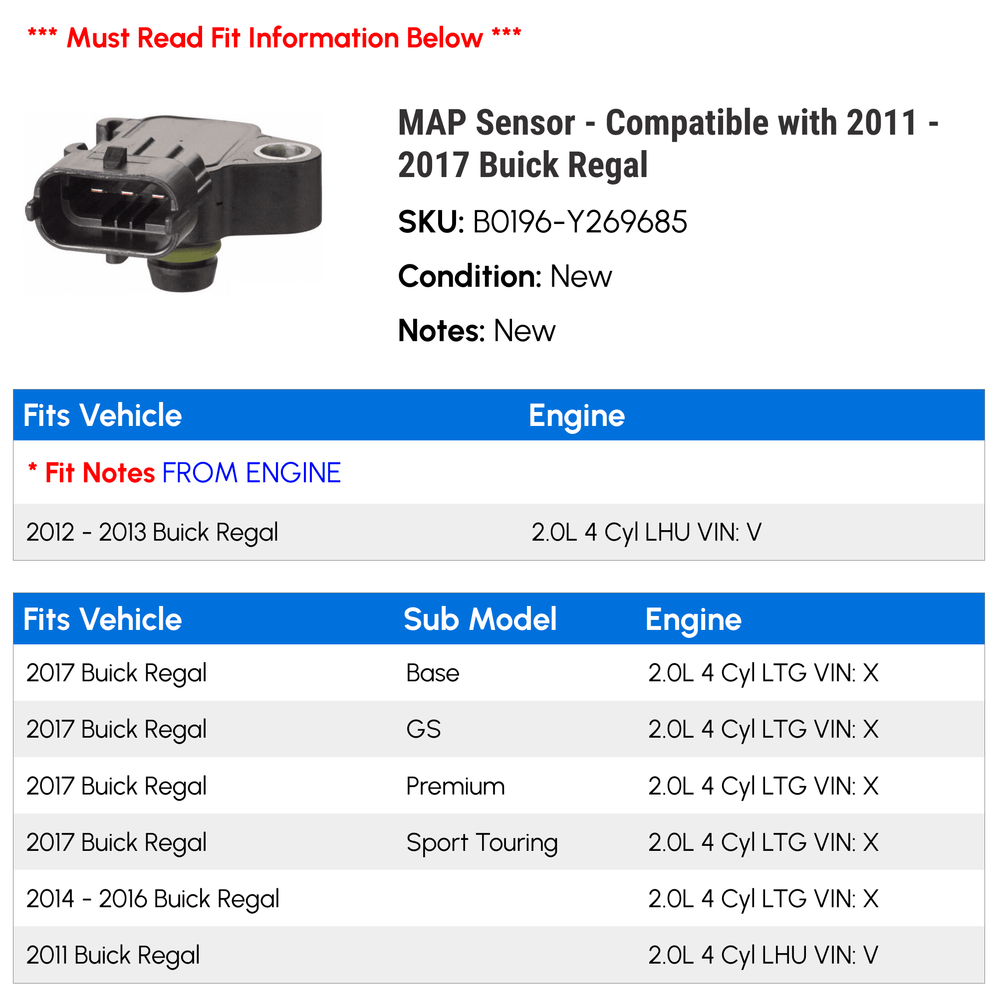 MAP Sensor - Compatible with 2011 - 2017 Buick Regal - AC Delco