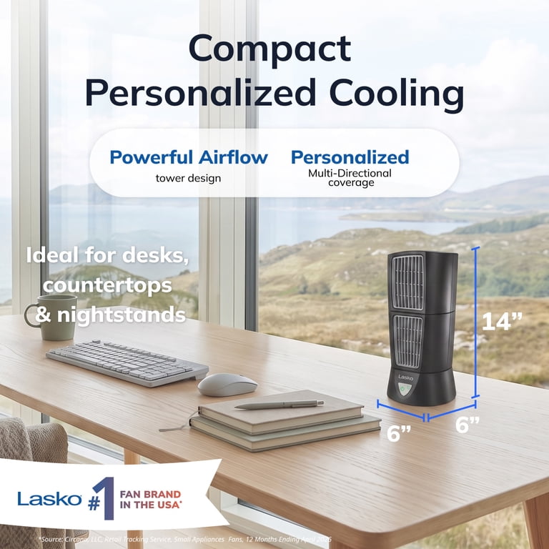 Lasko, Table Tower Fan, 14 inch, Black, 3-Speed Oscillating