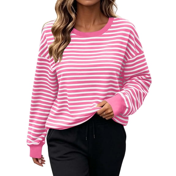 Perfectbot Women's Oversized Striped Crewneck Sweatshirt, Relaxed Fit Long Sleeve Pullover Fall Winter Top