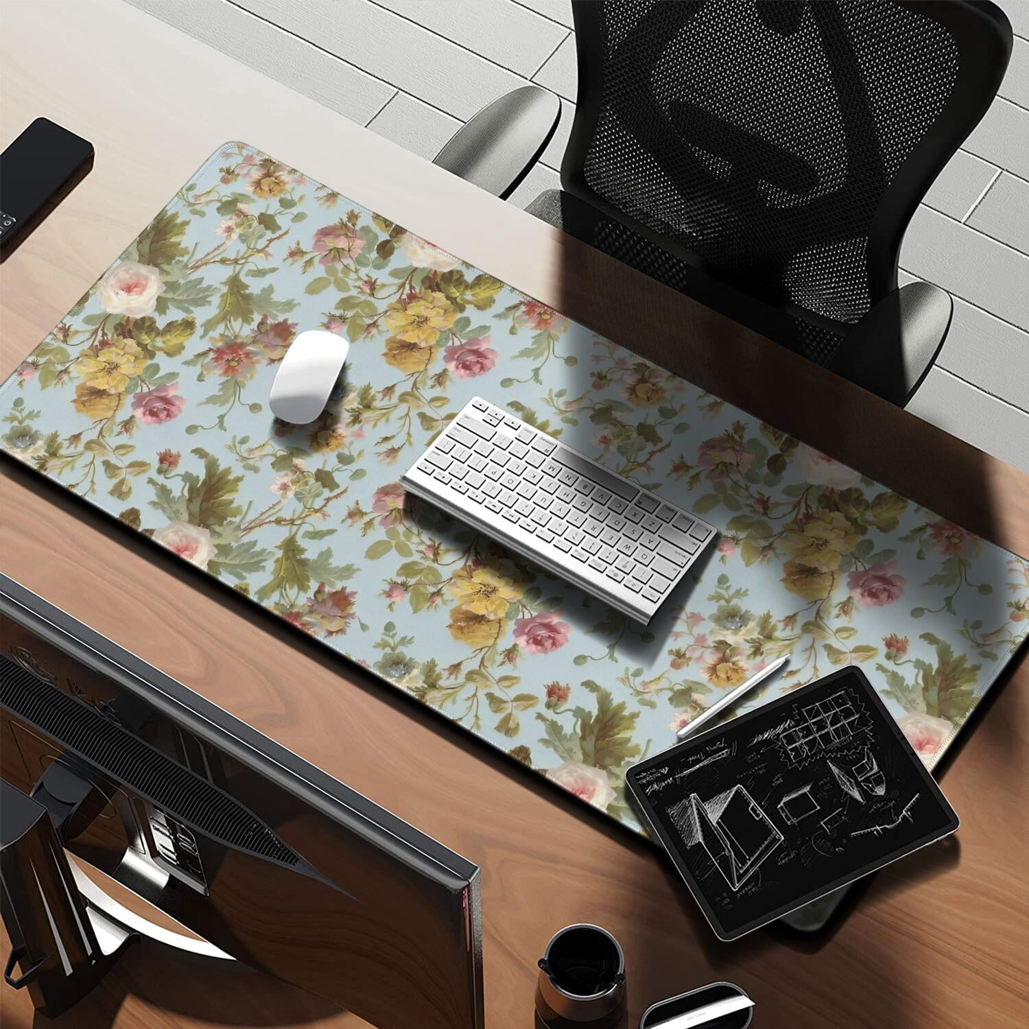 Long Mouse Pads for Desk,Pioneer Flower Floral Print Pattern Desk Mats on Top Of Desks, Desk Mouse Pad Extra Large with 3mm Non-Slip Base and Stitched Edge for Gaming,Office,Work,Home 35.4"x15.7"
