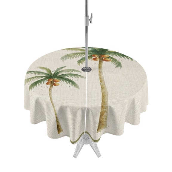 Outdoor Tablecloth with Umbrella Hole Zipper Palm Trees Round Tablecloth 60" Waterproof Outside Table Cloth Rustic Seaside Tropical Summer Botanical Patio Table Cover Tablecloths for Picnic Party