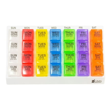 GMS Four-a-Day Weekly, One Day At a Time Medication Organizer - Large (Slant White Tray with Curved Bottom Rainbow Daily Columns)