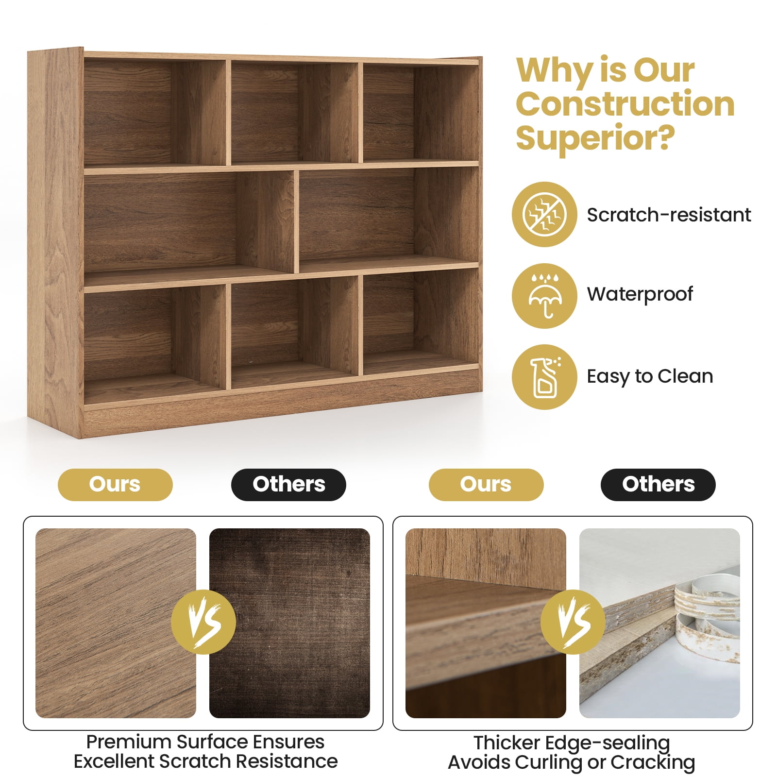 Topbuy Wood Storage Cube Bookcase 3 Tier 8 Cube Open Shelf Storage Cabinet with Anti-Toppling Devices Multipurpose Bookshelf Natural