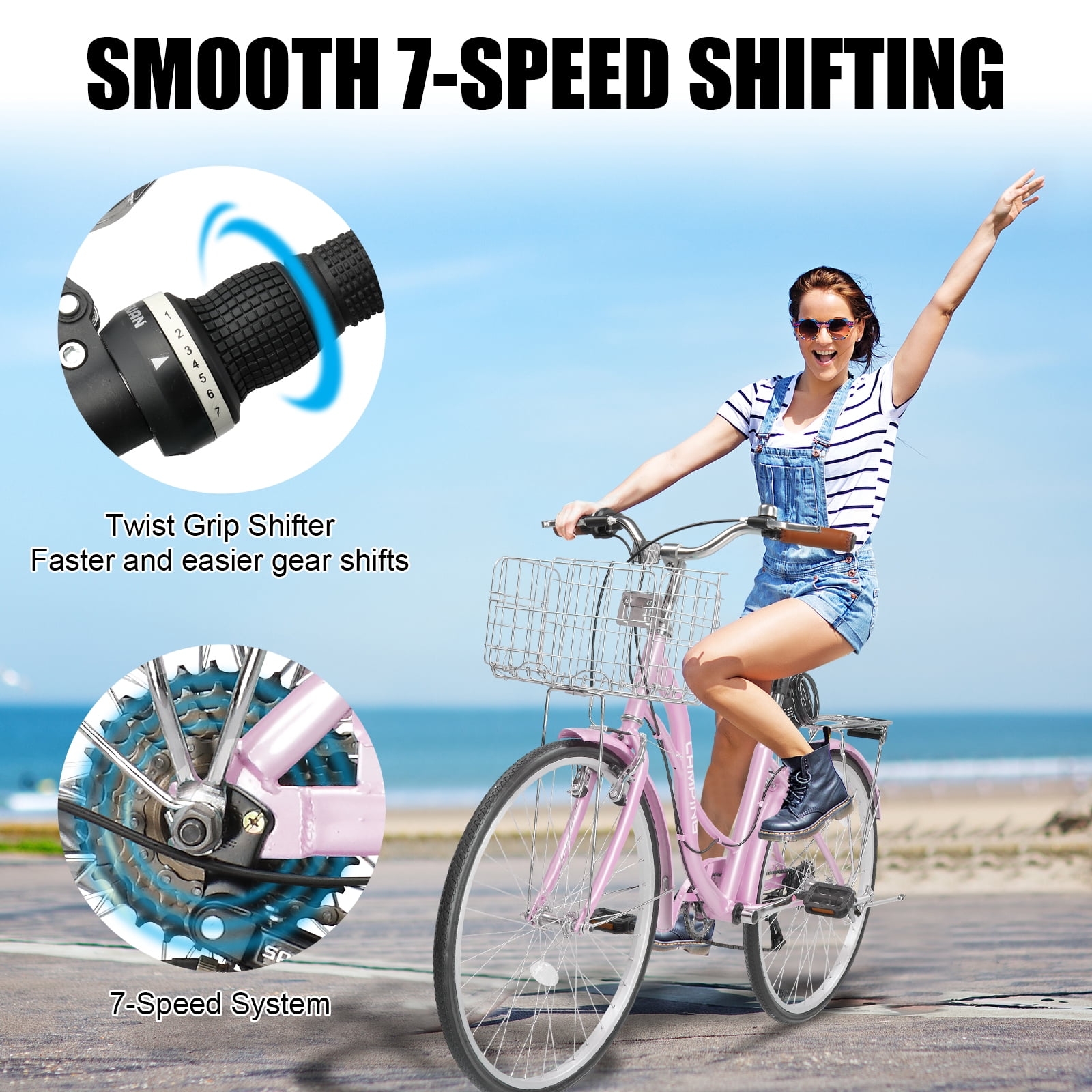 Ktaxon 24" Womens Bike, 7 Speed Cruiser Bike for Adults Women with Basket & Rack, Locks, Step Through City Bikes, Pink