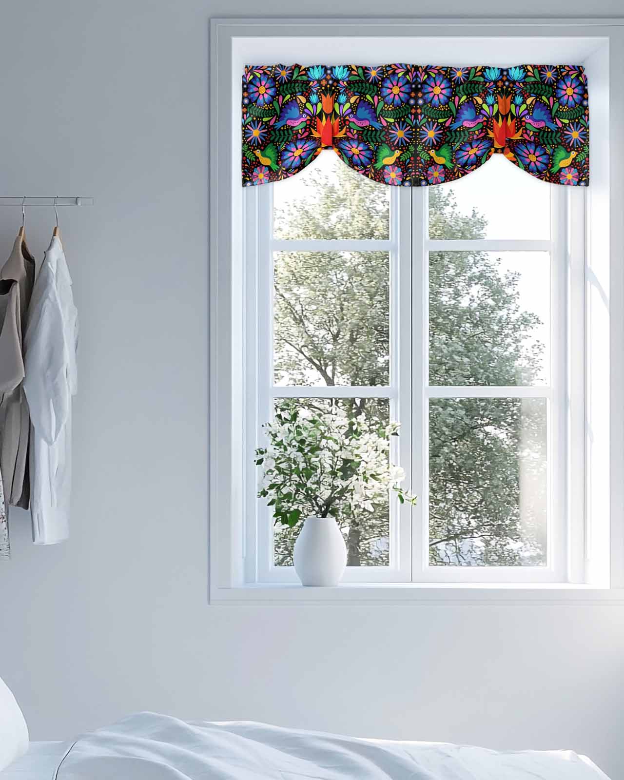 Colorful Mexican Floral Tie Up Valances Curtain, Adjustable Kitchen Bird Rustic Assorted Flower Valances for Windows Decor, Rod Pocket Short Curtains Set for Bedroom/Bathroom, 60"x18"