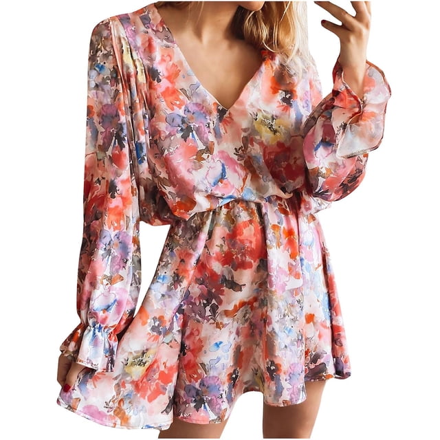Vestido HUOGUO de manga corta holgado con cuello en V estampado a la moda para mujer