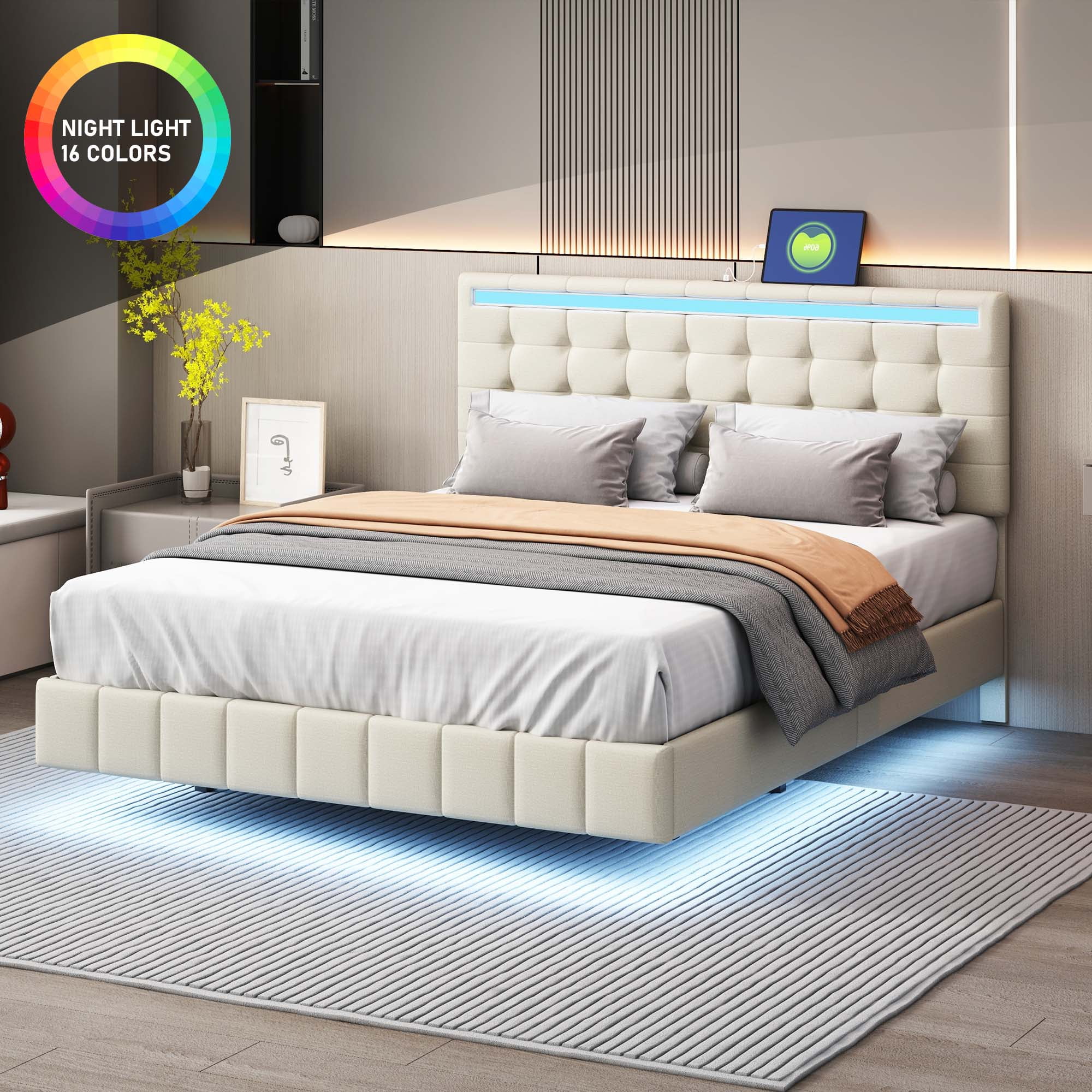 Aukfa Upholstered LED Bed, Queen Platform Bed with LED Lights and USB