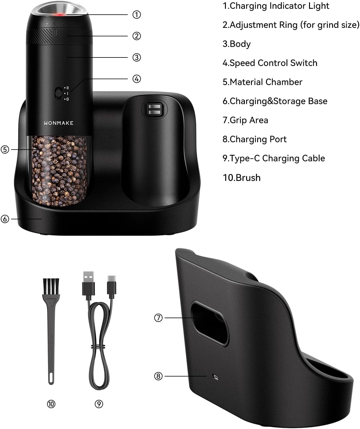 WONMAKE Gravity Electric Salt and Pepper Grinder Set with Charging Base, rechargeable salt  grinder