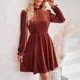 thumbnail image 1 of Vestido de manga con volantes para mujer color sólido cuello alto talle traje básico de vacaciones, 1 of 9