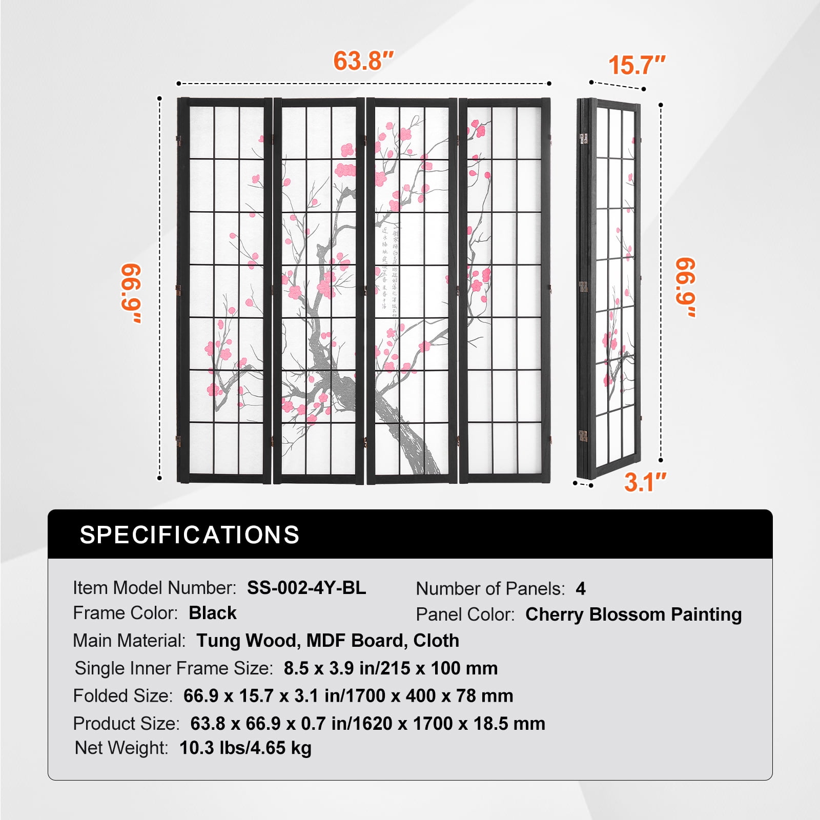 KFFKFF 4-Panel Japanese Room Divider Screen, Wooden Folding Privacy Screen for Indoor Use, Portable Partition for Room Separation and Decoration in Home, Office, Restaurant, and Bedroom