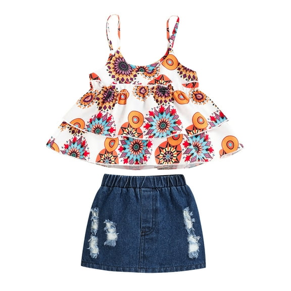 Bagilaanoe Infant Baby Girls 2 PCS Summer Outfit Sets  Ethnic Style Print Ruffles Sling Tank Tops   Ripped Denim Skirt