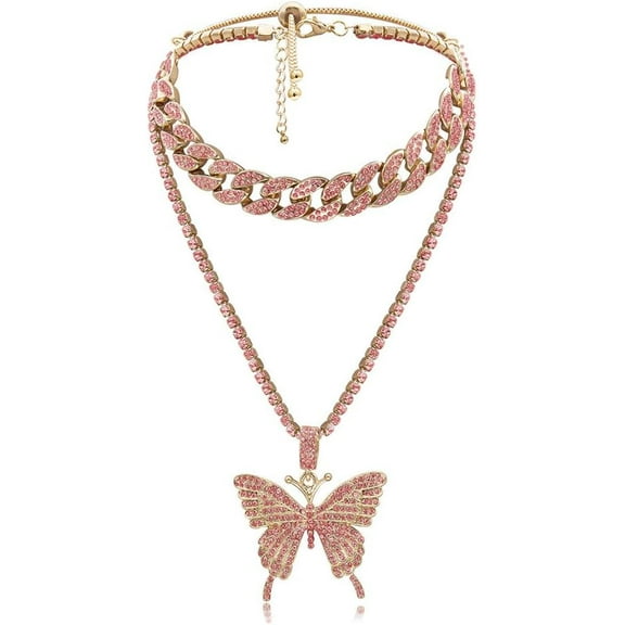 N/Q Punk Butterfly Cuban Link Necklace Set for Women Hip Hop Bling Rhinestones Chain Necklace Fashion Animal Jewelry