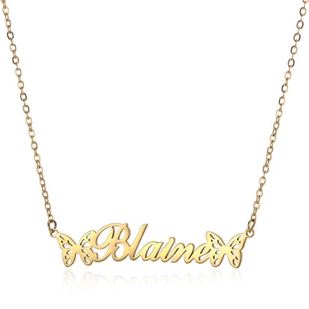 Personalized name necklace with Butterfly, 18K gold plated stainless steel custom nameplate pendant necklace
