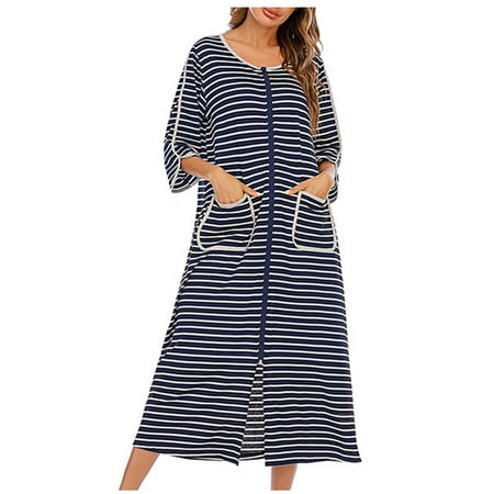 Mrat Women Silk Robe Winter Warm Nightgown Vintage Nightgown Female Sleepwear Lingerie Bodysuit for Women Nightgown Nightdress Zip With Pokets Loose Pajamas Blue M