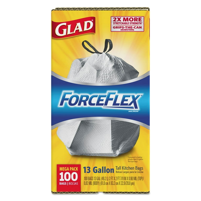 ForceFlex Tall Kitchen Drawstring Trash Bags, 13 gal, 0.72 mil, 23.75 x  24.88, Gray, 100/Box