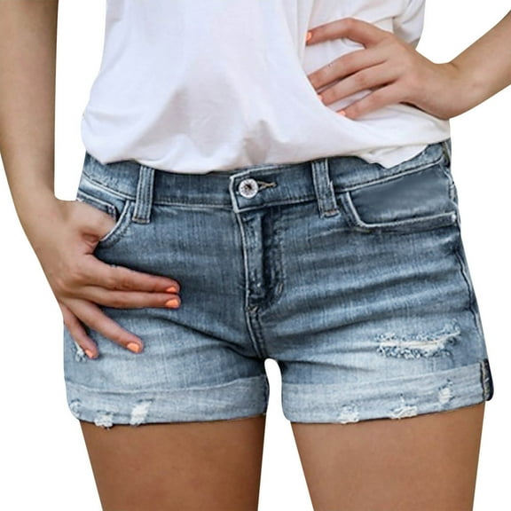 Generic Women's Ripped Stretchy Jean Shorts Mid Rise Skinny Denim Shorts Distressed Frayed Raw Hem Casual Summer Shorts