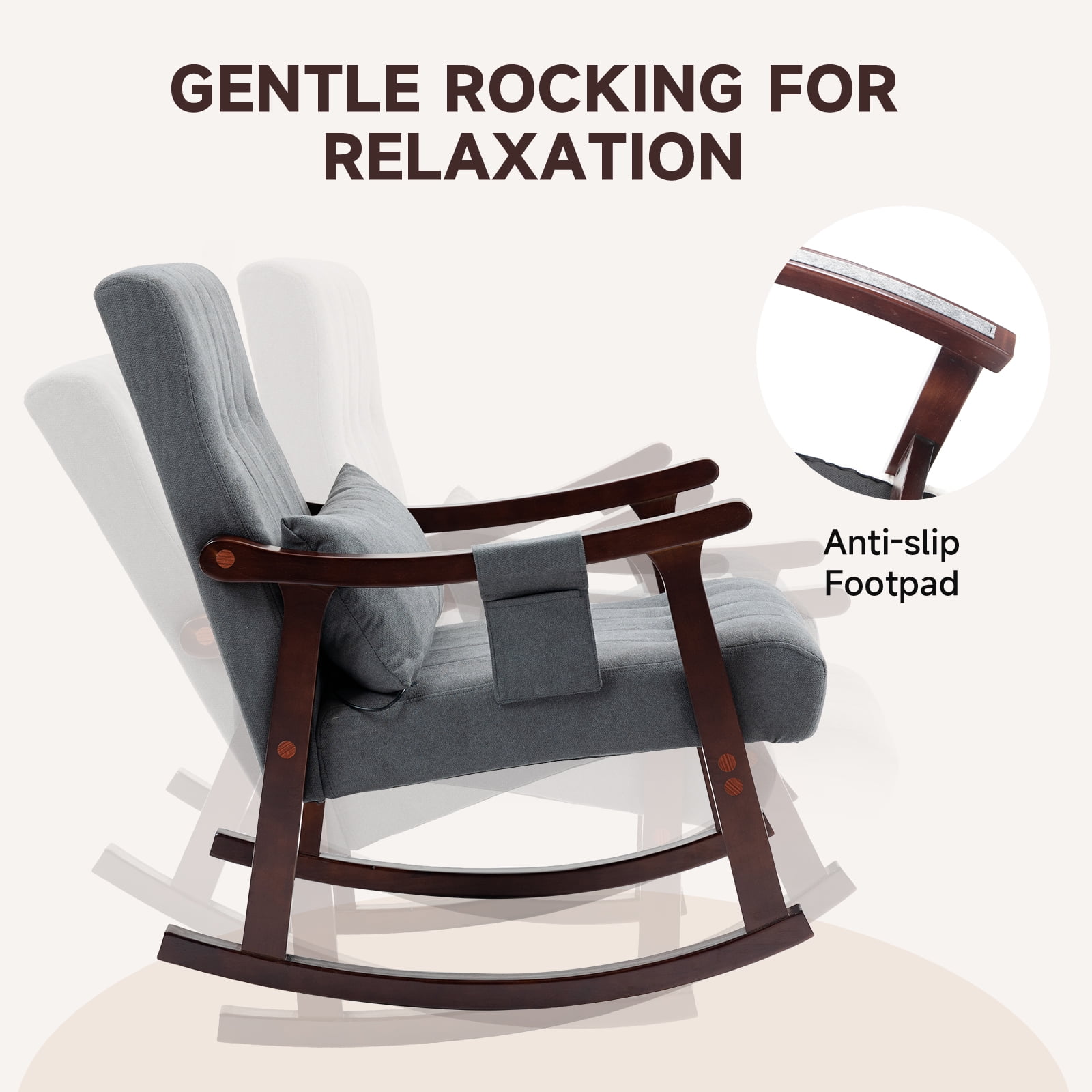 AVAWING Upholstered Rocking Chair with Massage Lumbar Support, Comfy Rocker Glider Chair for Nursery, Modern High Back Armchair for Living Room, Indoor Chair, Polyester, Dark Gray