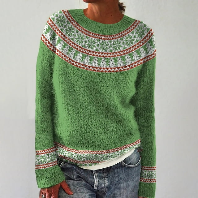 Isle Sweater Top Sweaters for Women Knitted Pullover Oversized Sweaters Cropped Sweater Basic Sweater Tops Crew Neck Boho Pattern Pullover Fall Winter Clothes Pullover Sweater Mint Green S