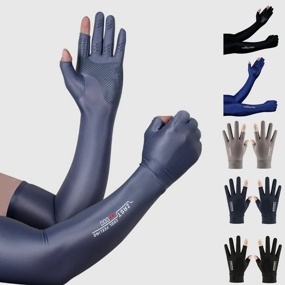 Mdesiwst 1 Pair Silicone Palm Open Finger Design Letter Print Non-slip Cuffs Long Arm Sleeves Men Outdoor Ice Silk Long Cycling Gloves