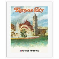 Kansas City Missouri - The City of Fountains - United Airlines - Vintage Travel Poster c.1970s - Fine Art Rolled Canvas Print 16in x 20in