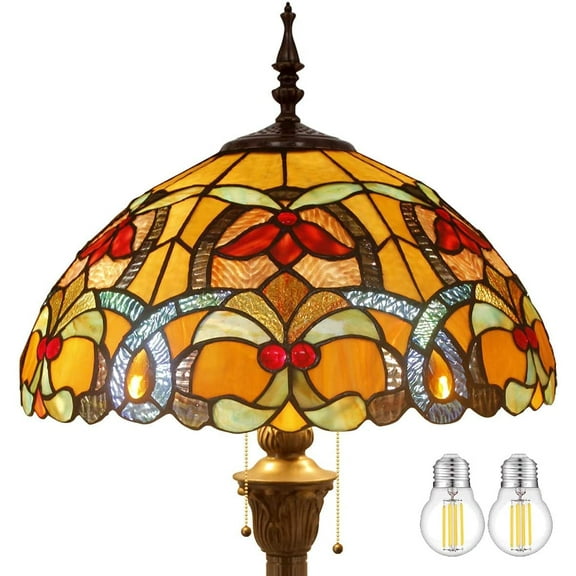 Tiffany Style Floor Standing Lamp W16H64 Inch(2LED Bulb Included) Stained Glass Crystal Bead Flower Shade 2E26 Antique Reading Lighting Resin Base S617 WERFACTORY LAMPS Bedroom Living Room Lover Gifts