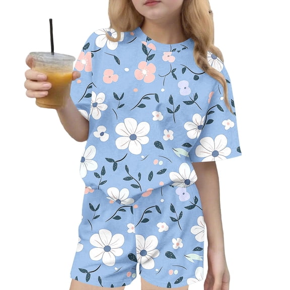 Girls 2 Piece Floral Print Short Set, Short Sleeve Knot Tee and Elastic Waist Shorts, Soft Polyester Spandex Blend, Kids to Teen Sizes 100-170, Multicolor,Size 13-14T