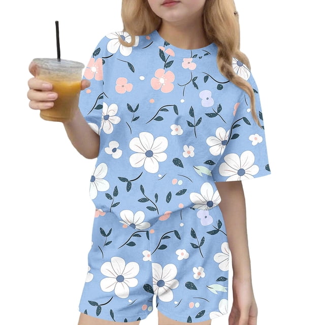 Vestido de Verano con Mangas Impresión de Ocio Cuello Redondo Mangas Cortas Y Pantalones Cortos Set de Dos Piezas para Niños Lindo Conjunto de Verano