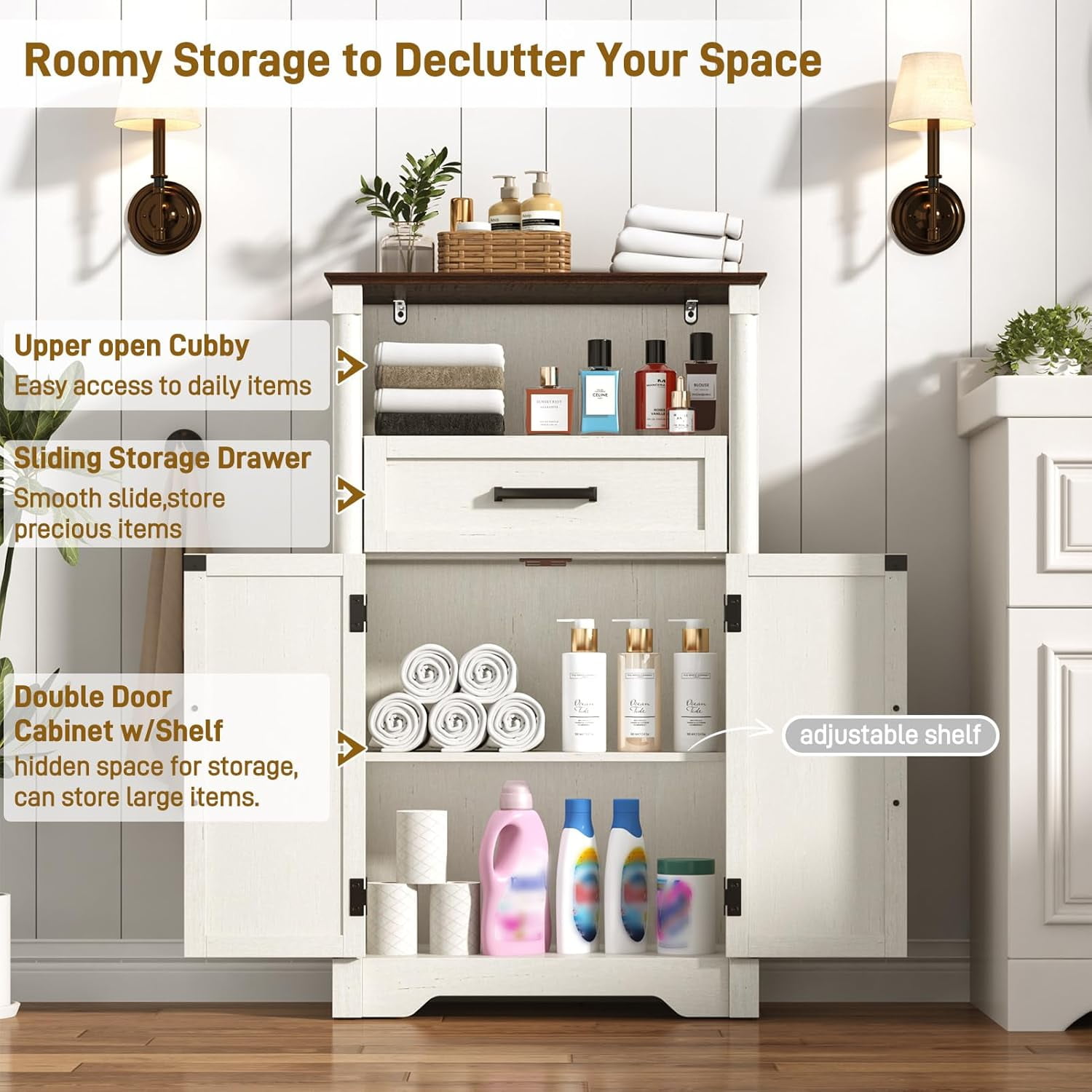 Farmhouse Floor Storage Cabinet with Drawers & 2 Barn Doors, Wood Bathroom Storage Cabinet with Roman Column Decor, Farmhouse Storage Cabinets with Adjustable Shelf & Door Cabinets, Rustic White