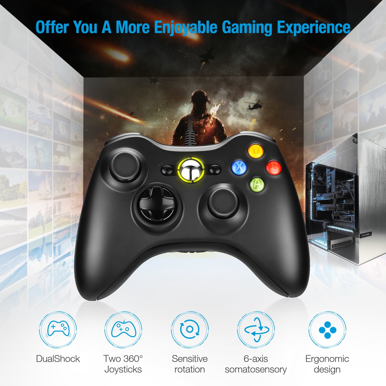 Wired Game Controller com 360 ° 3D Joystick, Gamepad com Função