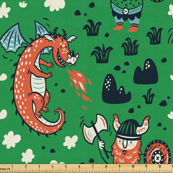 Ambesonne Adventure Fabric by the Yard Upholstery, Dragon and Viking Man, 10 Yards, Burnt Sienna Fern Green