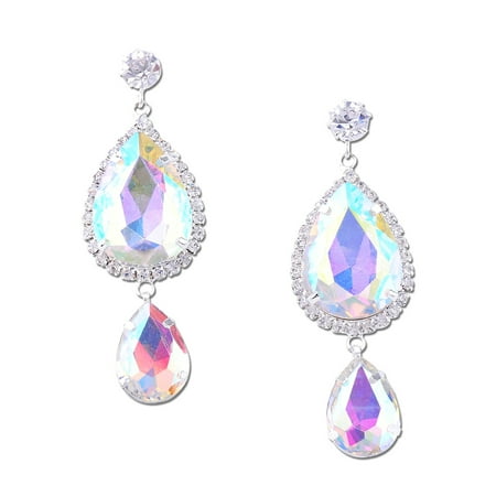 Double Teardrop Earrings - Silver Double Aurora Borealis Teardrop with Round Crystal Dangle Earrings