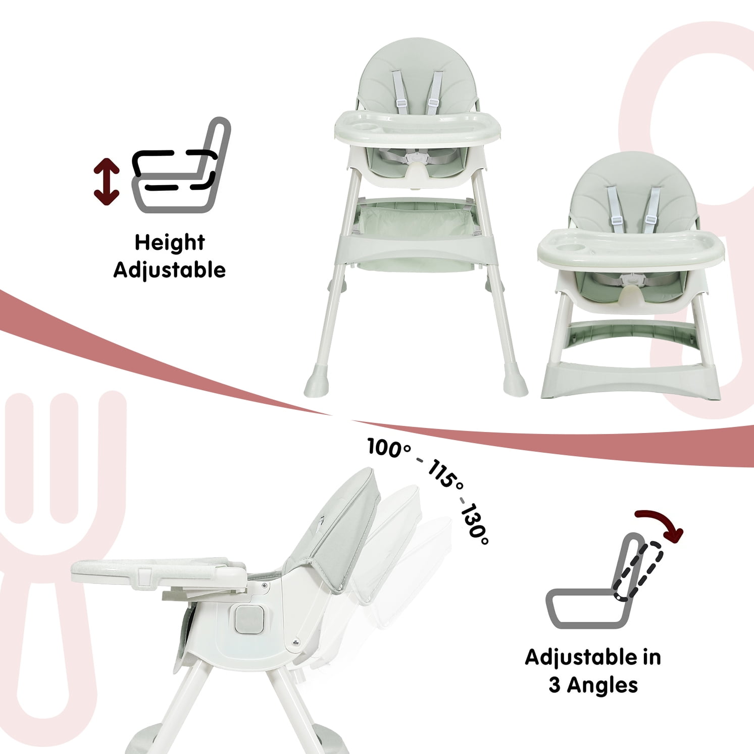 Aprpink 6 in 1 Baby Convertible High Chair Seat with 5 Point PU Safety Harness, Light Green Striped