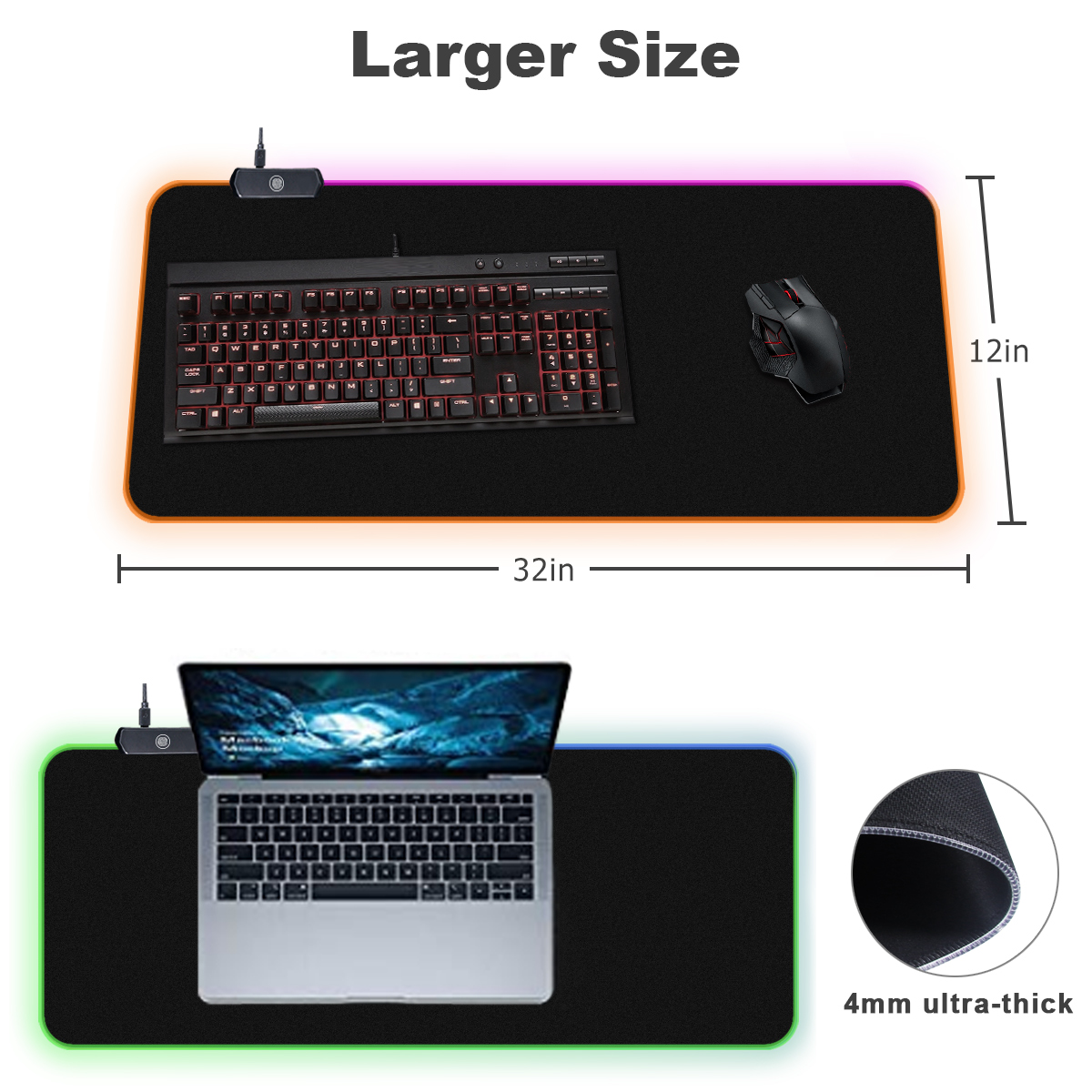 RGB Mouse Pad, RGB Gaming Mouse Pad, Large Mouse Pad, Extended Mouse Pad, 32" x 12" Long Computer Mouse Pad w/ Non-Slip Rubber Base, Smooth Surface Waterproof Keyboard Mouse Pad w/ USB Port - image 3 of 8