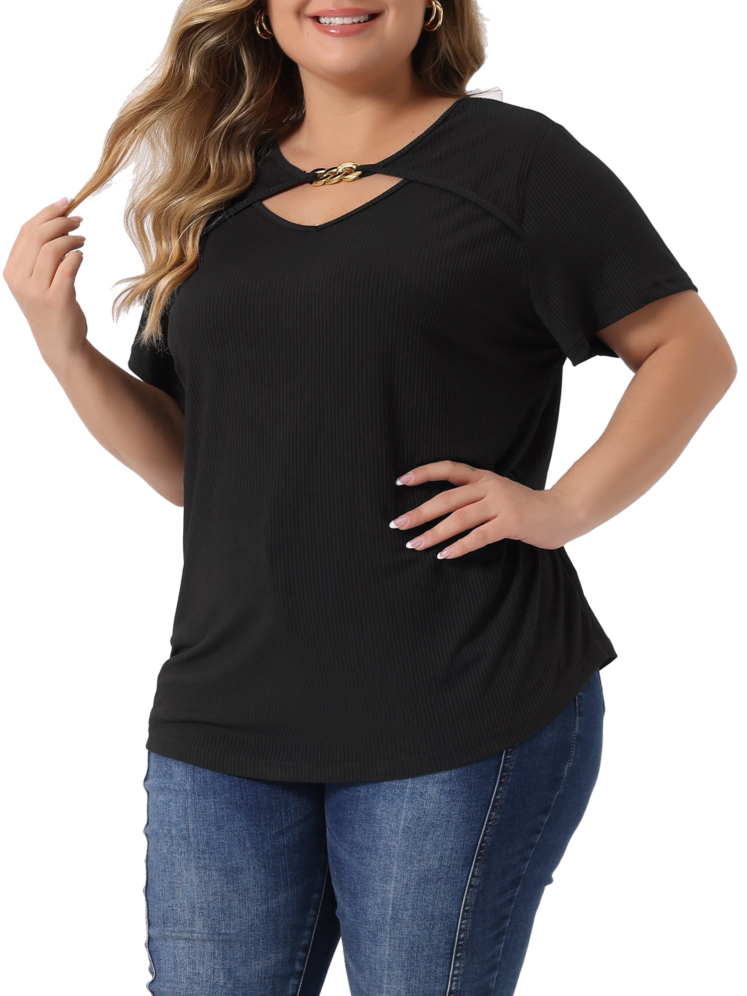 Unique Bargains Women's Plus Size Basic Top Short Sleeve Metal Chain Front T-Shirts 1X Black