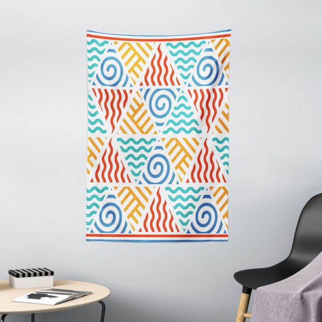 Tribal Decor Tapestry, Retro Pattern Symbols of Four Elements Air Water Fire and Earth, Wall Hanging for Bedroom Living Room Dorm Decor, 40W X 60L Inches, Blue Teal Marigold Red, by Ambesonne