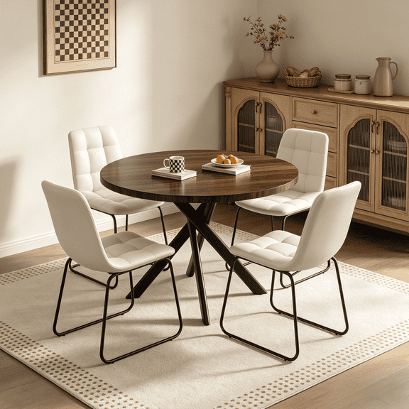 43.5 Inch Round Dining Table Set For 4, 5-Piece Wooden Table with Metal Leg Dining Chairs, Mid Century Modern Small Coffee Set For Dining Room Kitchen Apartment