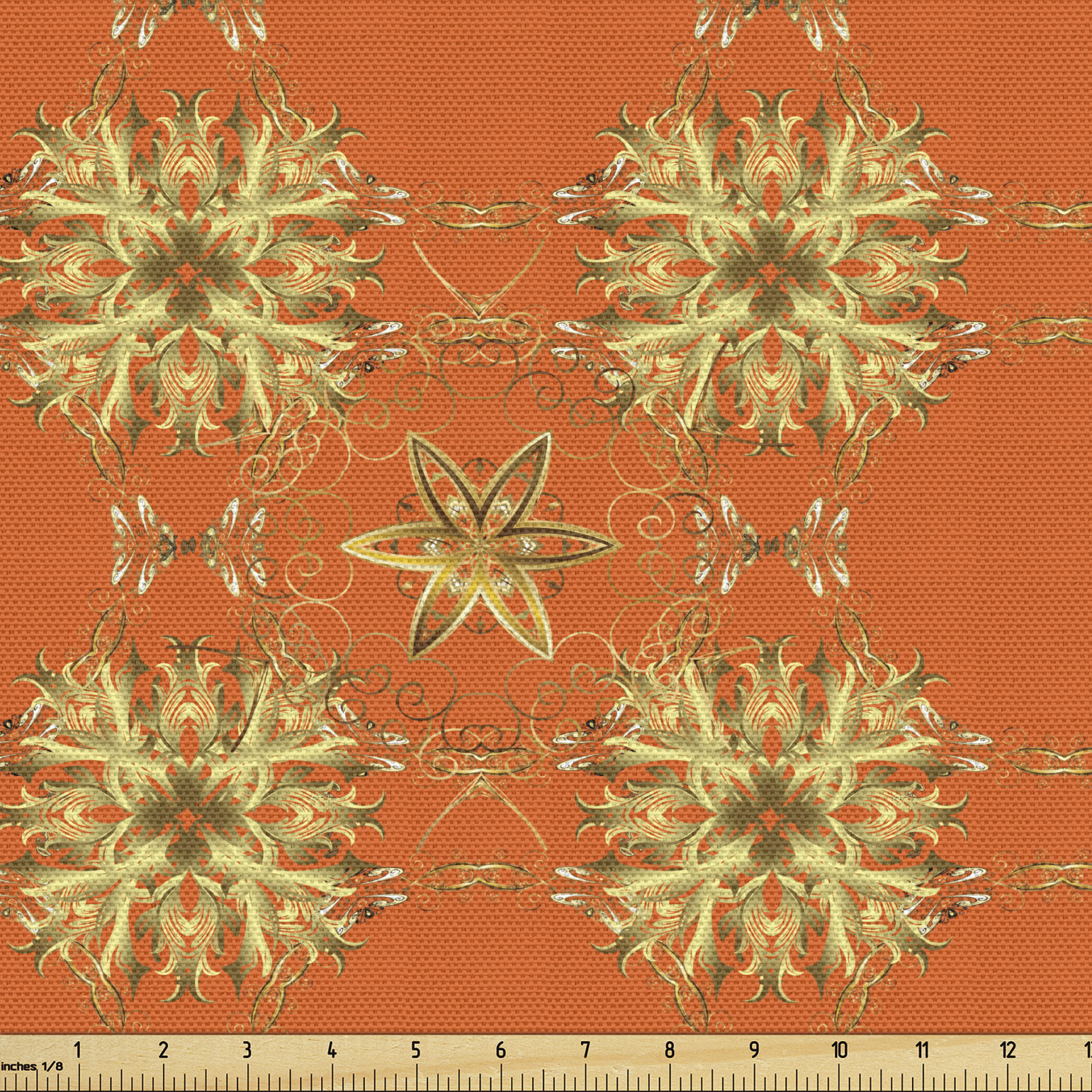 Yellow Damask Fabric by the Yard, Eastern Style Abstract Interlaced