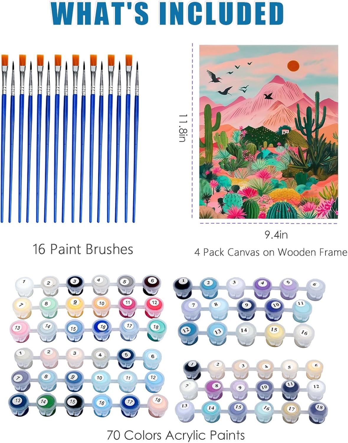 Qoosea 4 Pack Paint by Numbers Sets for Adults, Beginners DIY Crafts with Wooden Easel, Paint Brushes, Acrylic Paint Set for Home Wall Decor
