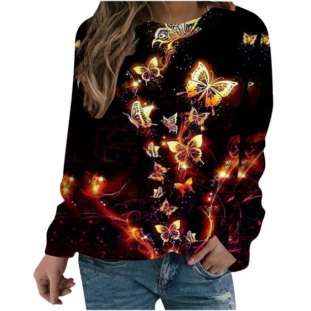 Camisas informales de manga larga para mujer, jersey con estampado de mariposa, Tops, jersey de cuello redondo, túnica holgada con estampado de puesta de sol Pompotops gfhjh17489