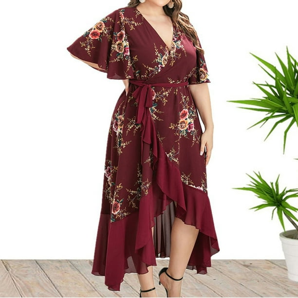Puntoco Vestido De Manga Corta Con Cuello En V, Vestido Sexy De Tirantes Con Cuello En V De Talla Grande Para Mujer Burdeos Xxxxl