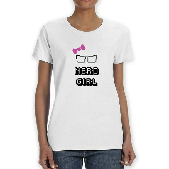 Pixel Nerd Girl Glasses Pink Ribbon Women White T-Shirt, Female Large