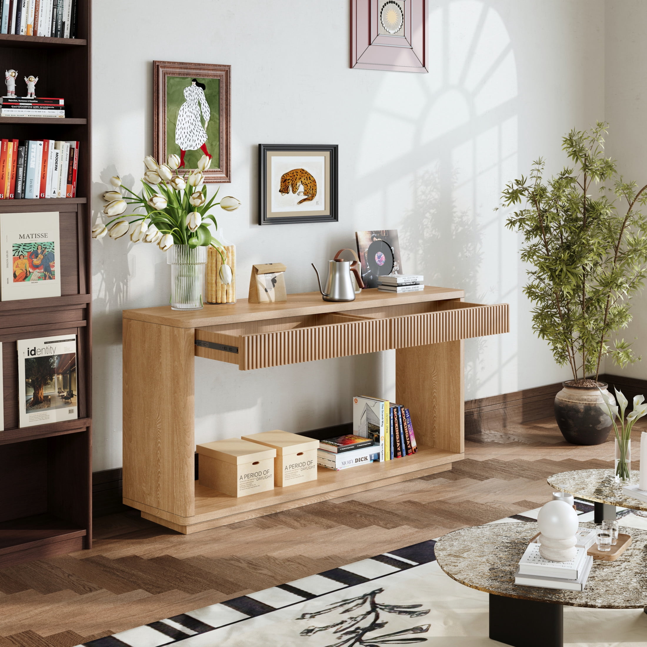 Noble House Weyburn Modern Fluted Console Table with Drawers, Solid Wood Veneer Sofa Table for Living Room, Natural