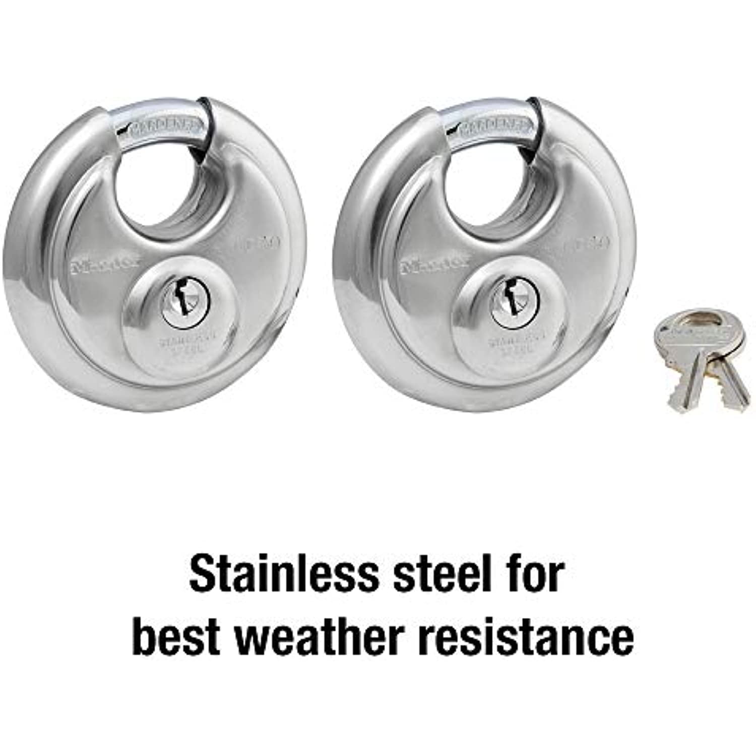 (2 pack) Master Lock 2-3/4in (70mm) Wide Stainless Steel Discus Padlock with Shrouded Shackle; 2-Pack