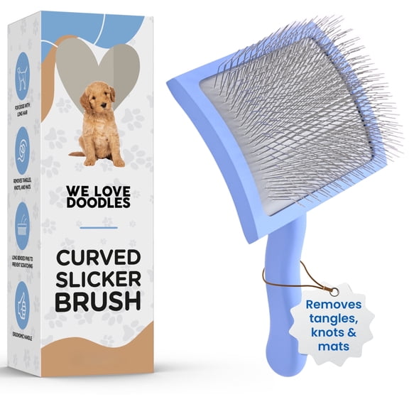 We Love Doodles Curved Dog Slicker Brush – Professional Grooming Brush for Long & Curly Hair, Removes Mats, Tangles & Loose Fur – Soft Pin Dematting & Deshedding Brush, Large