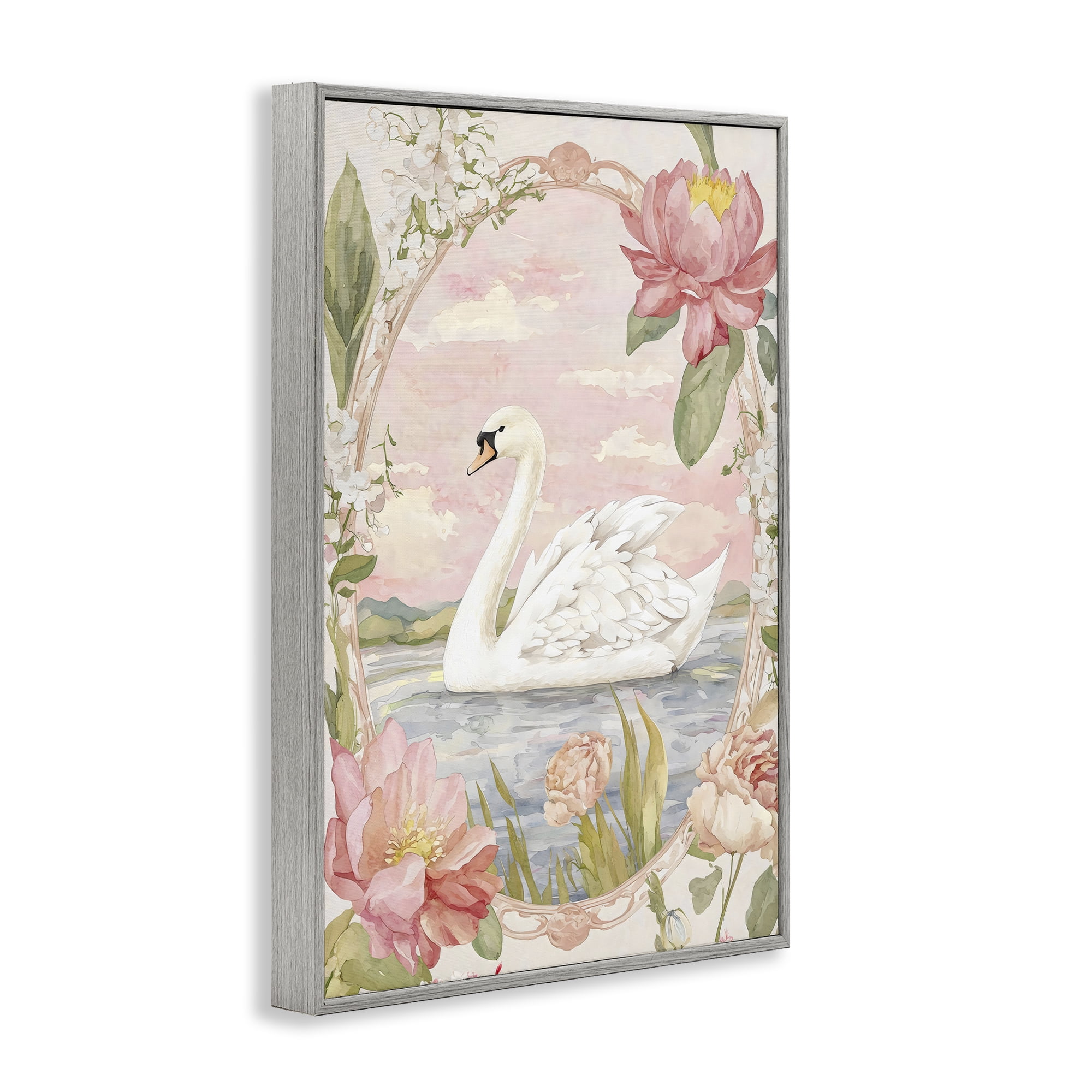 Stupell Industries Floral Border Swan in Bloom Gray Framed Giclee Art, design by Creative Studio