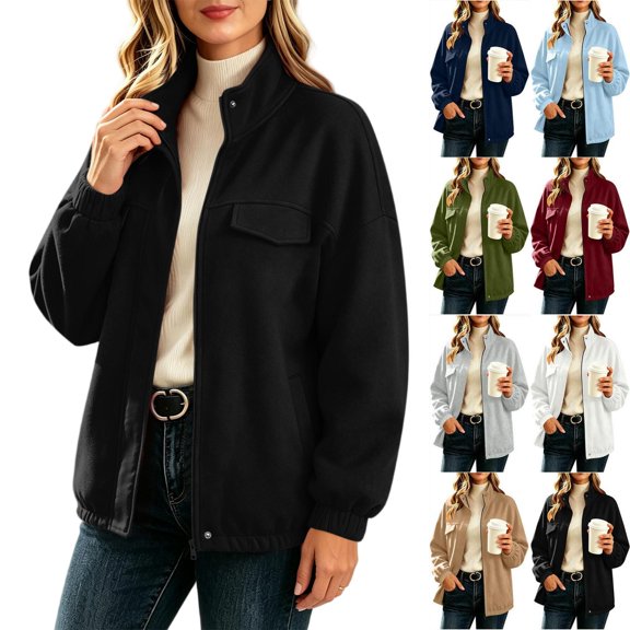 Tqcoqu Stand Collar Zip Up Jacket for Women, Long Sleeve Loose Casual Sweatshirt Cardigan with Patch Pocket, 2026 Fall Trendy Outfit