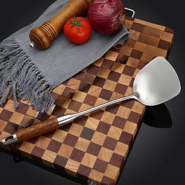 Fiudx Espátula de Acero Inoxidable, Mango de Madera Resistente Al Calor, Agarre Ergonómico, Diseño Flexible Antirayaduras, Ideal para Salteados, Panqueques y Tortillas, Tamaño 38,3 X 10 X 4 Cm, 1 Uni